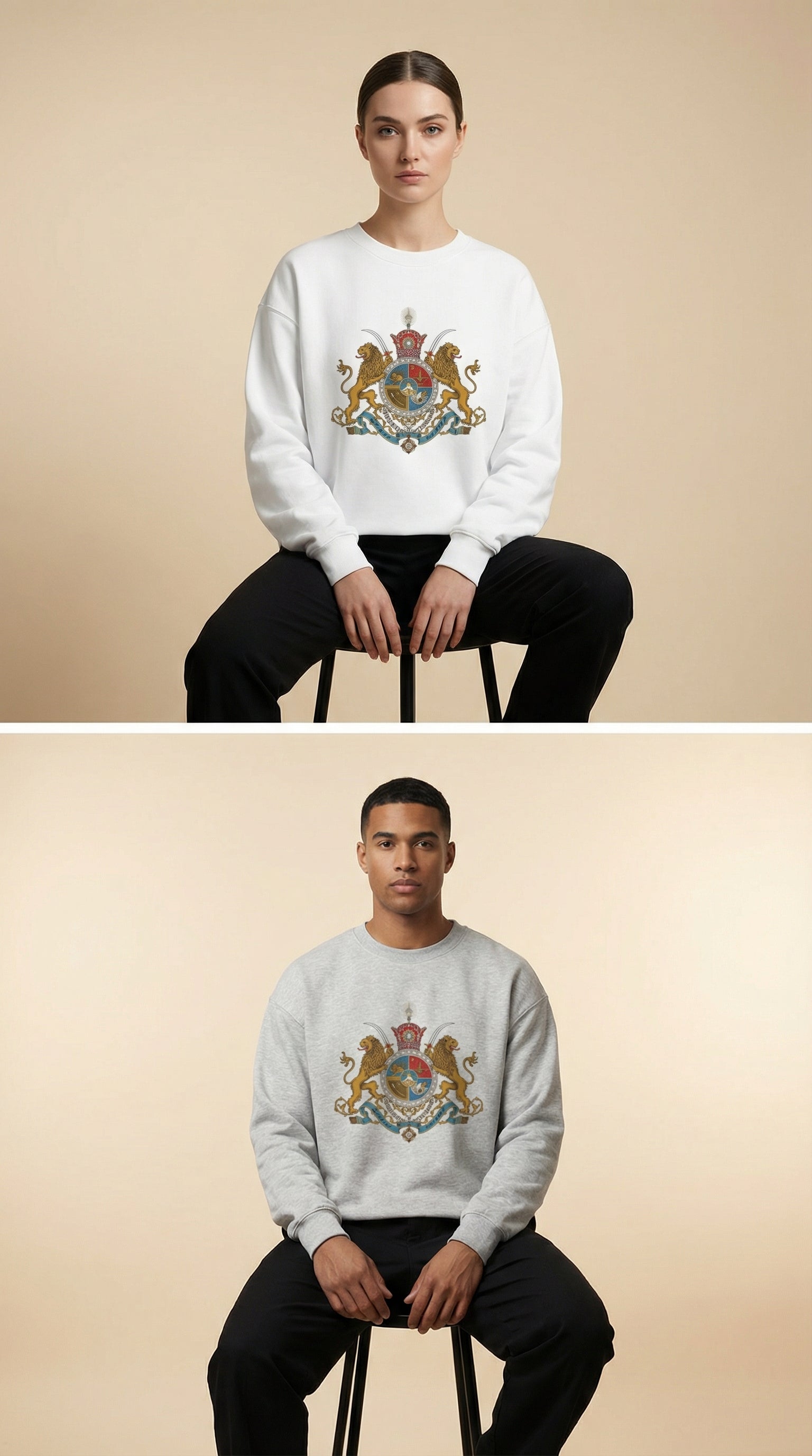 Two people wearing sweatshirts with a crest design on a beige background