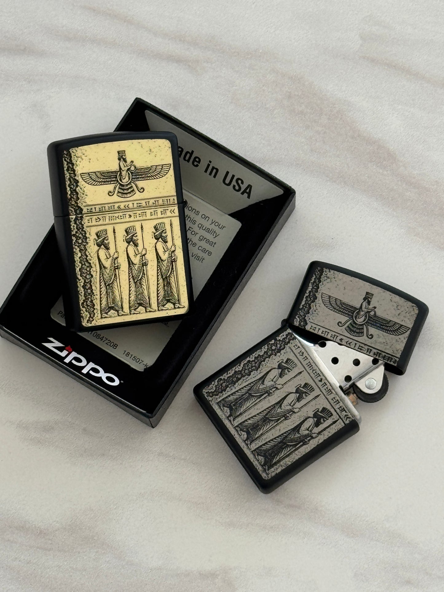 Farvahar & Achaemenid Soldiers Silver Zippo | فندک زیپو نقره‌ای فروهر و سربازان هخامنشی