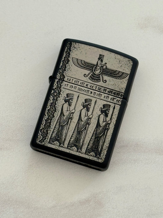 Farvahar & Achaemenid Soldiers Silver Zippo | فندک زیپو نقره‌ای فروهر و سربازان هخامنشی