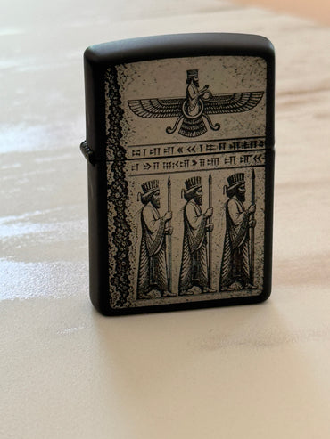 Farvahar & Achaemenid Soldiers Silver Zippo | فندک زیپو نقره‌ای فروهر و سربازان هخامنشی