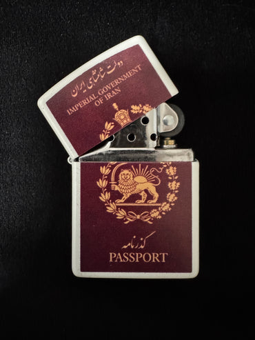 White lighter with Imperial Government of Iran passport design, Lion and Sun emblem, and Pahlavi Crown