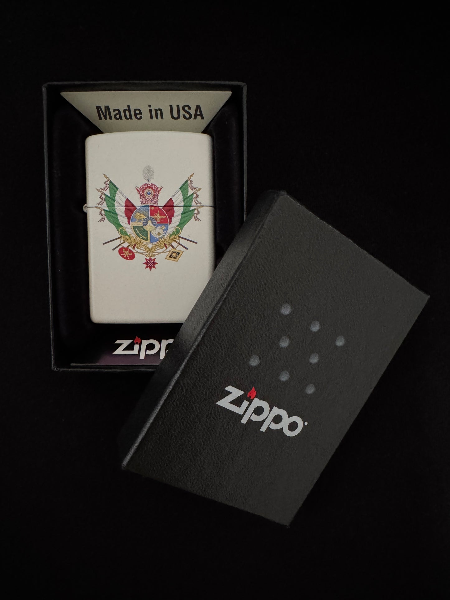 White lighter with Shahanshah of Iran Imperial Standard emblem, Pahlavi Crown, Iranian tricolor flags,