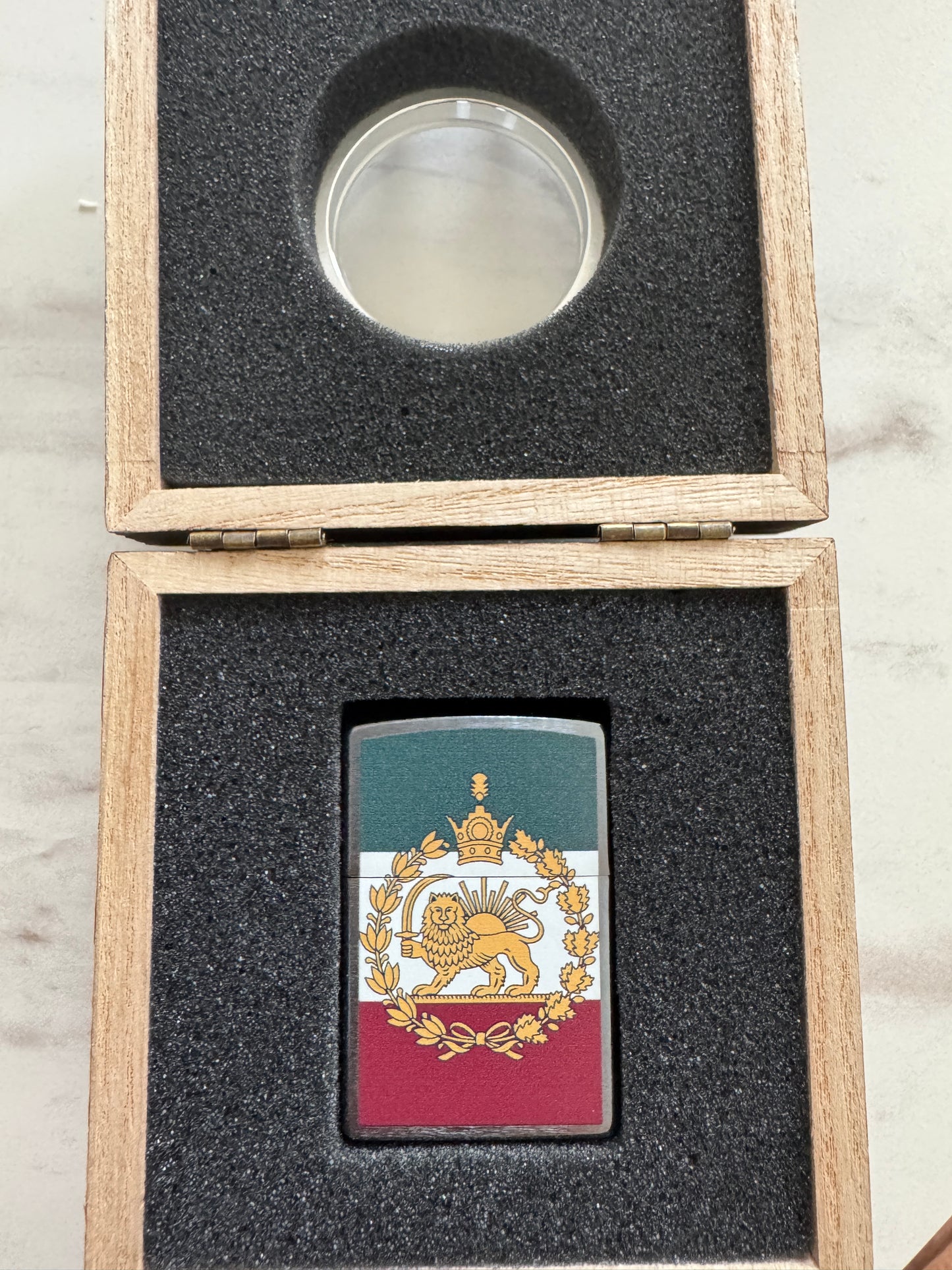Royal Pahlavi Lion and Sun Zippo lighter with crown detail, tricolor flag design
