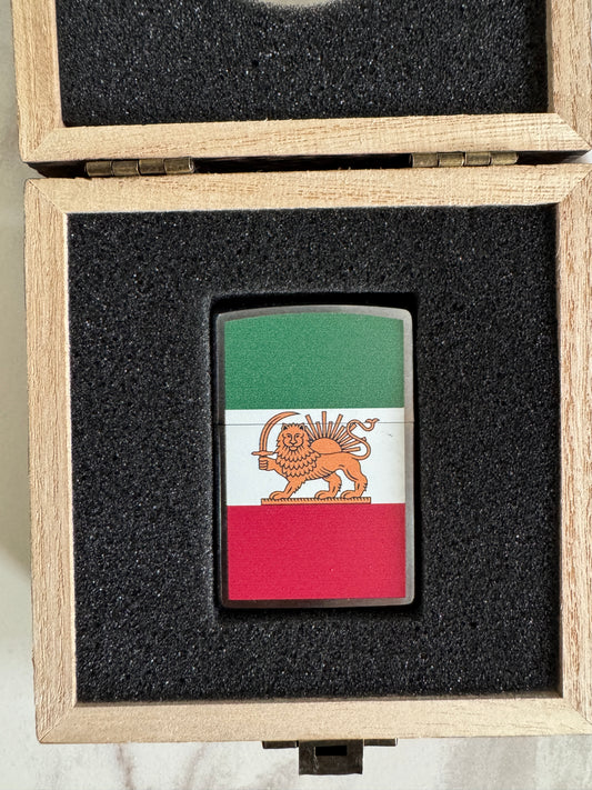 Imperial Lion and Sun Zippo lighter with green white red tricolor flag design
