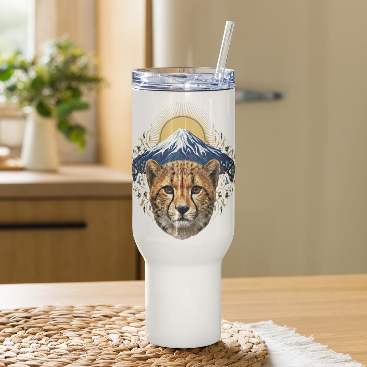 Pirooz and Damavand travel mug with handle, Persian heritage drinkware
